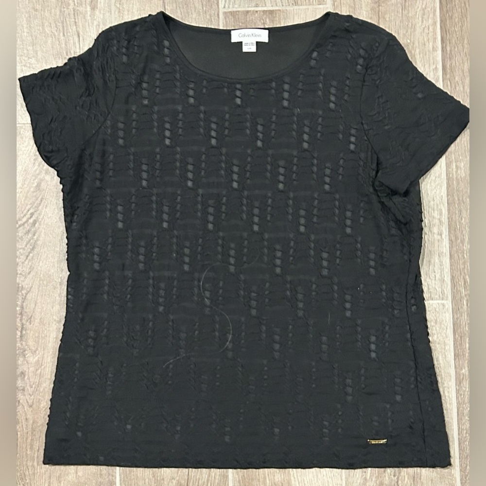 Calvin Klein Black Textured Short Sleeve Top Size Large Lined